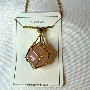 Pink Crystal Holder Pendant & Gold Tone Chain. Adjustable -Remove/Replace Stone